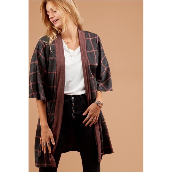 Charcoal and burgundy plaid cardigan - Picture 2 of 7